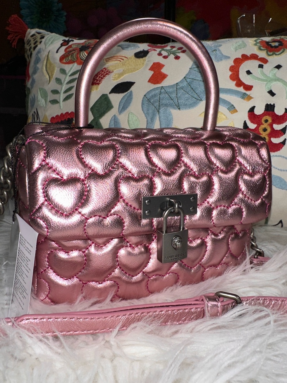 Kurt Geiger • The Brixton Quilted Heart Metallic Leather Top Handle Purse - Picture 1 of 17
